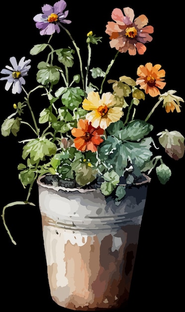 Vector single pot flowers watercolor painting on white background