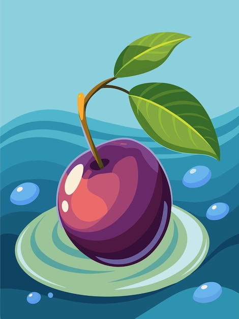 Vector a single purple plum floating on water with green leaves