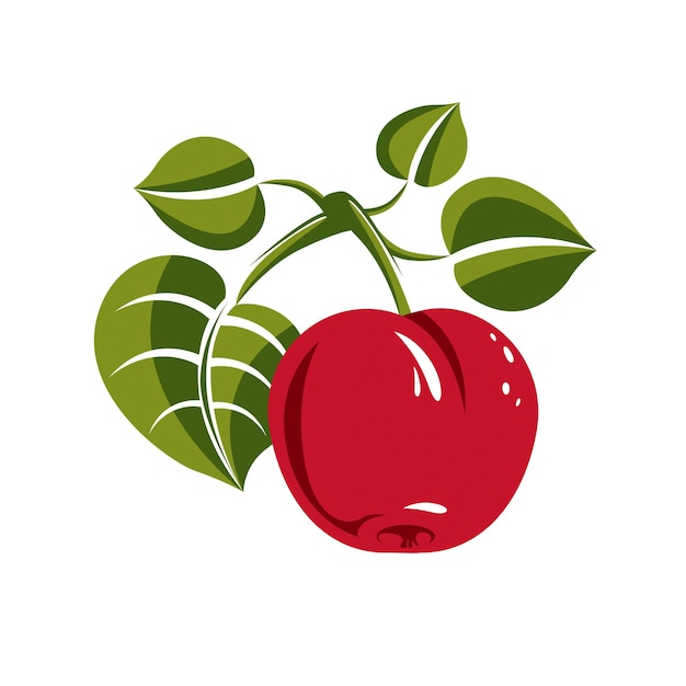 Single red simple vector apple with green leaves, ripe sweet fruit illustration. Healthy and organic food, harvest season symbol.