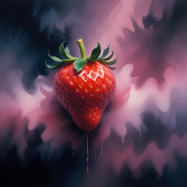 Vector a single red strawberry with green leaves is painted against a pink and purple abstract background the strawberry is dripping with red liquid