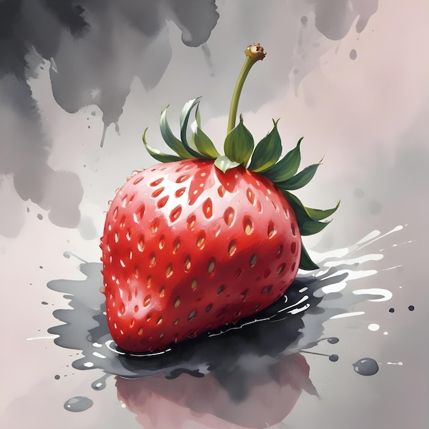 Vector a single strawberry with green leaves sits on a gray surface with black paint splatters the strawberry is realistically rendered with detailed texture and shine