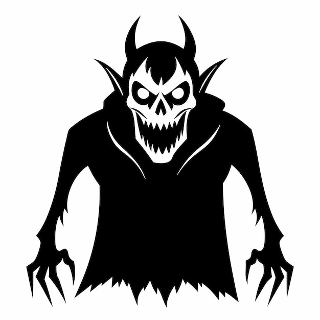 Sinister Hooded Skeleton with Horns and Claws in Black and White Illustration