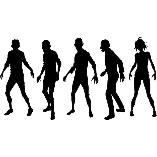 Vector sinister set of six zombie silhouettes in varied poses