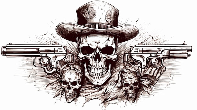 Sinister Skull Cowboy with Crossed Gun Revolvers In Hat Western Themed Image