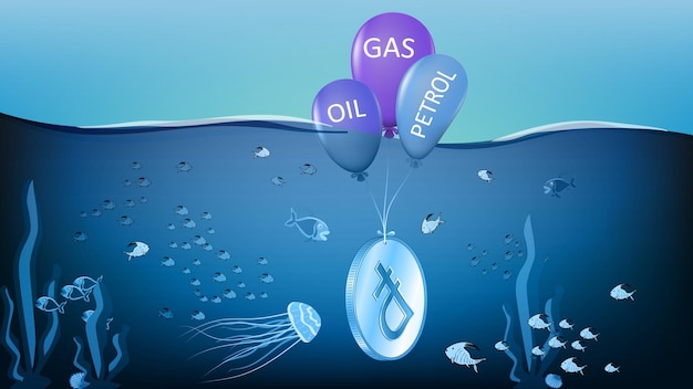 Sinking RUB coin hangs on gas oil and gasoline balloons in ocean with marine life Metaphorical sinking Russian ruble is kept afloat thanks to natural resources