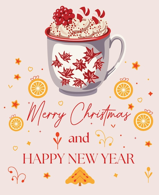 Vector sip into the season with warmth and joy wishing you a merry christmas and a happy new year