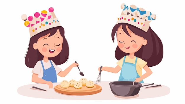 Vector sisters decorating hats and kneading dough together