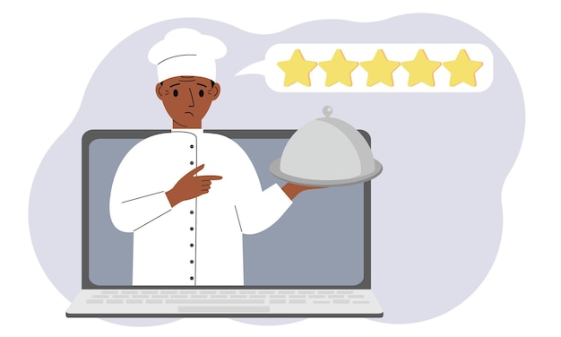 A site with reviews of online grocery shopping through a laptop or ordering fast food delivery The cook holds a tray with a lid or a plate with a lid