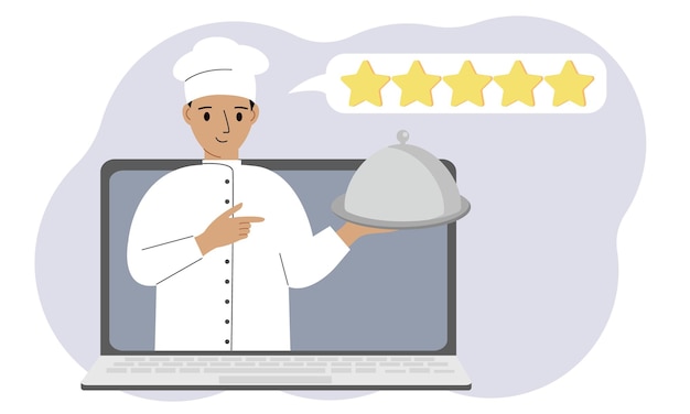 A site with reviews of online grocery shopping through a laptop or ordering fast food delivery The cook holds a tray with a lid or a plate with a lid