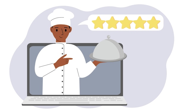 A site with reviews of online grocery shopping through a laptop or ordering fast food delivery The cook holds a tray with a lid or a plate with a lid