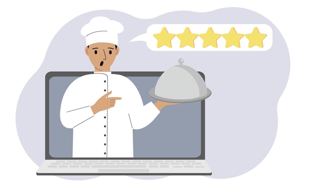 A site with reviews of online grocery shopping through a laptop or ordering fast food delivery The cook holds a tray with a lid or a plate with a lid