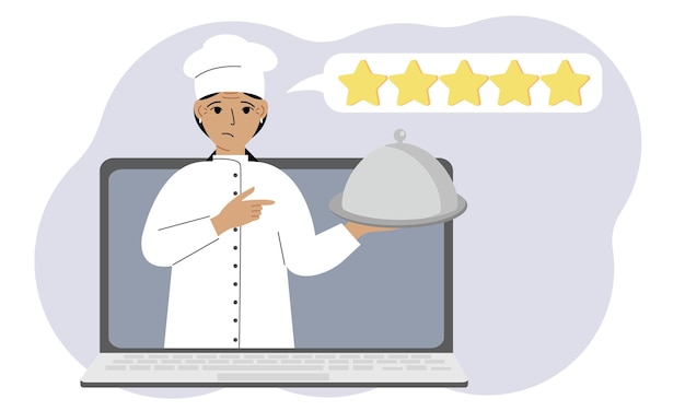 A site with reviews of online grocery shopping through a laptop or ordering fast food delivery The cook holds a tray with a lid or a plate with a lid