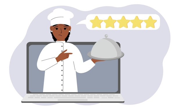 A site with reviews of online grocery shopping through a laptop or ordering fast food delivery The cook holds a tray with a lid or a plate with a lid