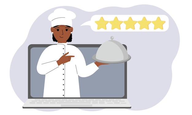 A site with reviews of online grocery shopping through a laptop or ordering fast food delivery The cook holds a tray with a lid or a plate with a lid