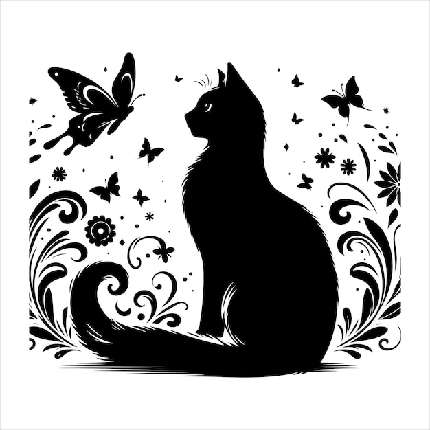 Vector siting beautiful cat silhouette vector art and graphic vector black color silhouette