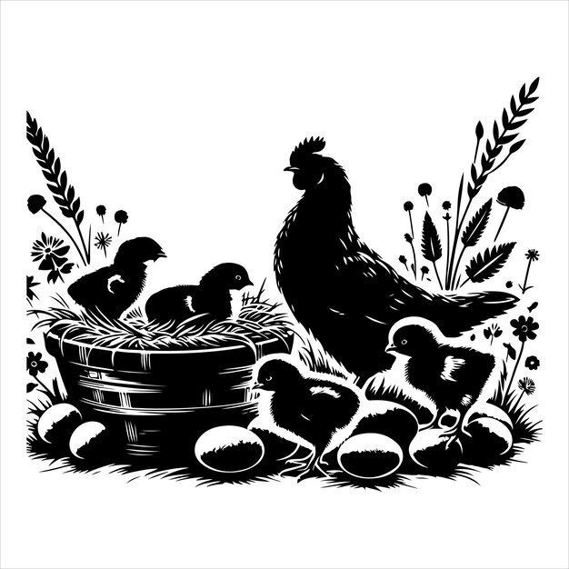 Vector siting hen silhouette vector art and graphic vector black colour silhouette white colour background