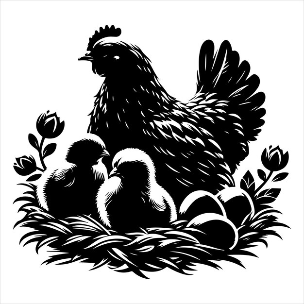 Vector siting hen silhouette vector art and graphic vector black colour silhouette white colour background