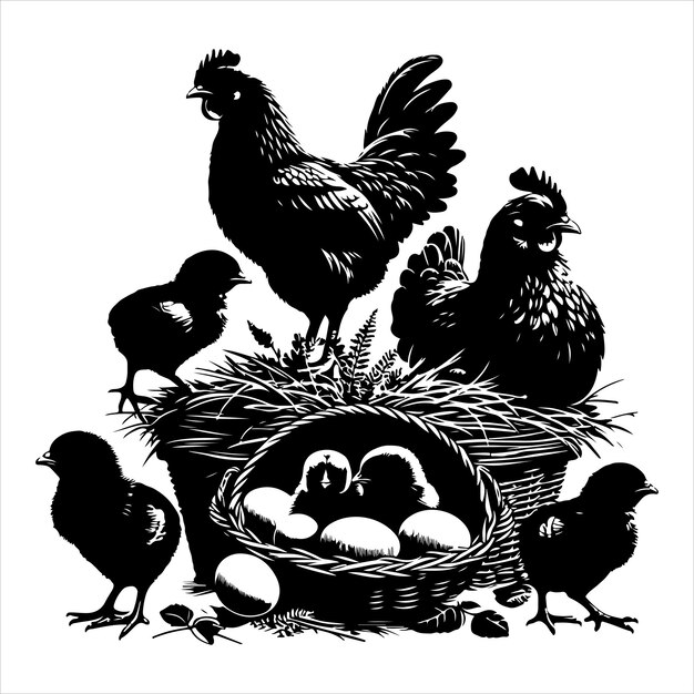 Vector siting hen silhouette vector art and graphic vector black colour silhouette white colour background