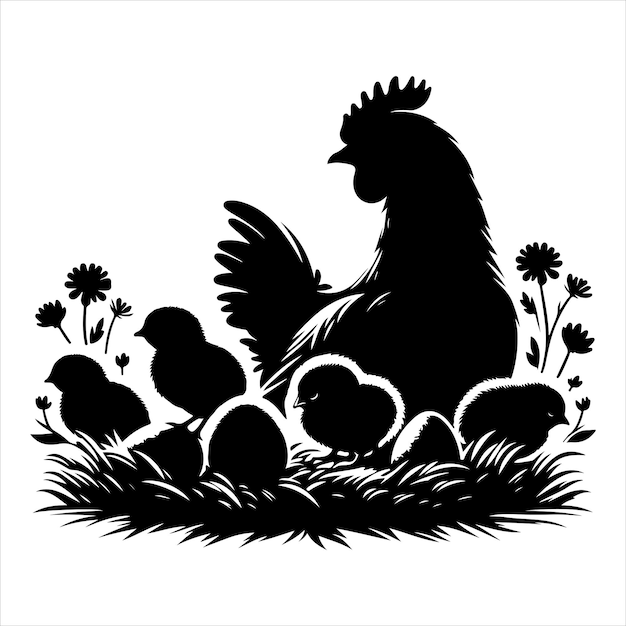 Vector siting hen silhouette vector art and graphic vector black colour silhouette white colour background