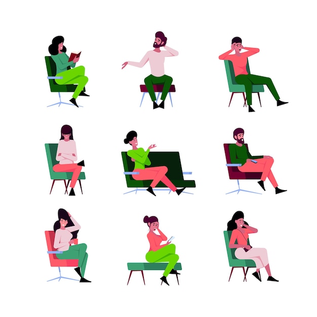 Sitting characters People in various poses sitting on chairs and modern furniture consult persons talking garish vector cartoon stylyzed illustrations