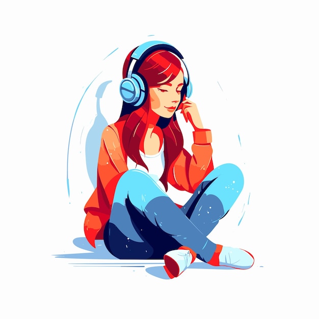 Sitting girl talking in the headphones Vector illustration