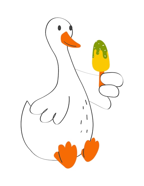 Sitting goose eats ice cream. Hand drawn modern vector illustration.