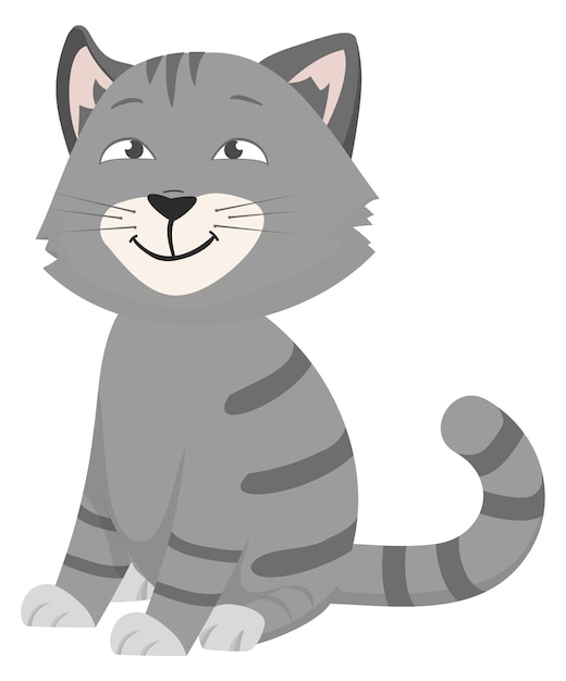 Sitting gray cat Fluffy cheerful cartoon pet