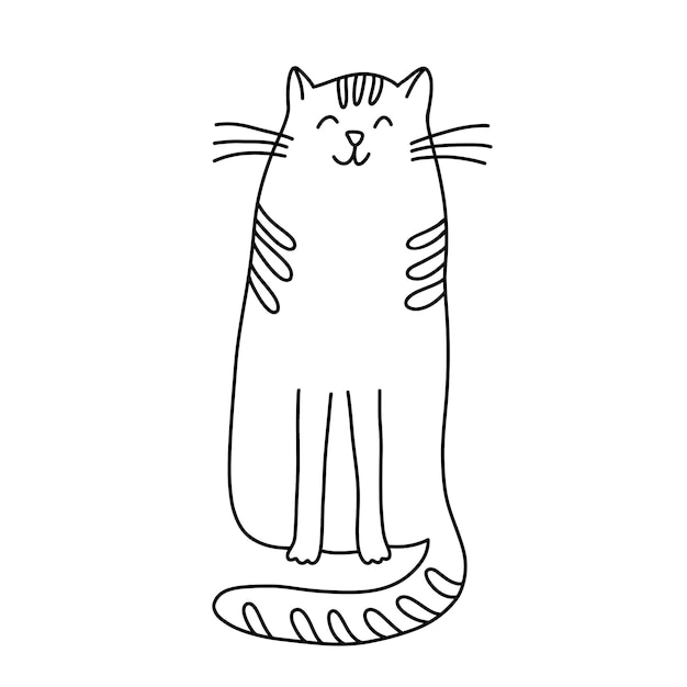 Sitting happy cat in doodle style Hand drawn vector illustration Isolated black outline