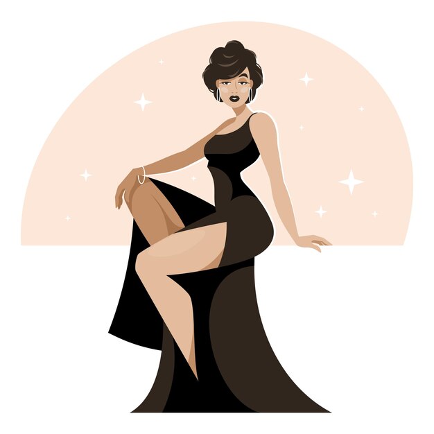 Vector sitting lady in a black dress beautiful woman vector graphics