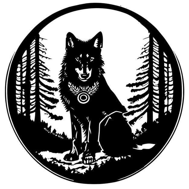 Vector sitting wolf in front of a forest in celtic style with a ring around it vector illustration