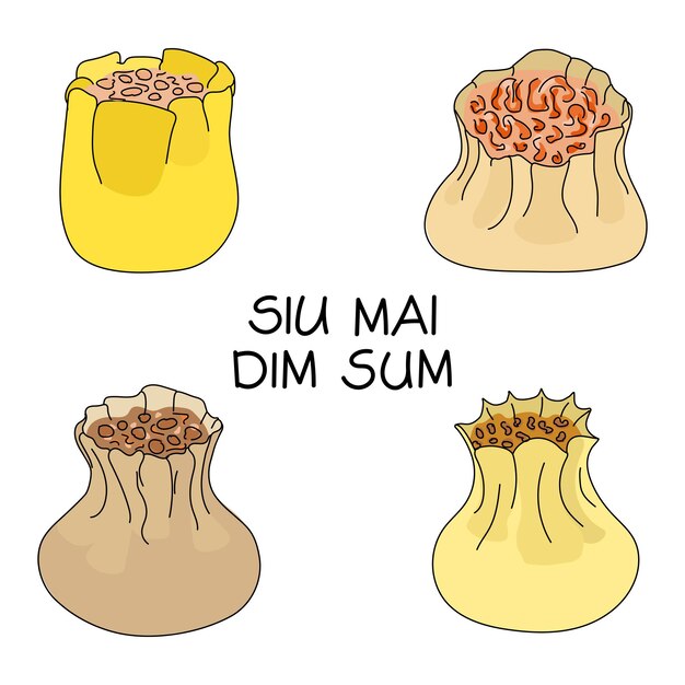 Siu mai doodle steamed dumplings set vector illustration