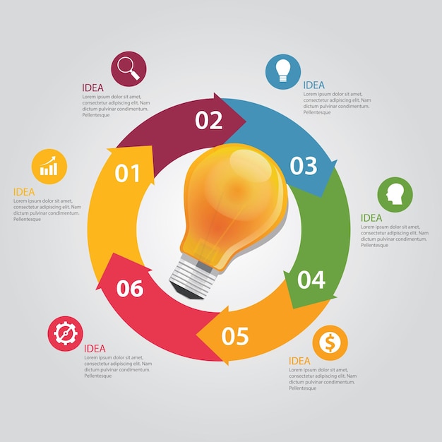 six 6 elements of idea info graphic chart circle vector bulb business shine