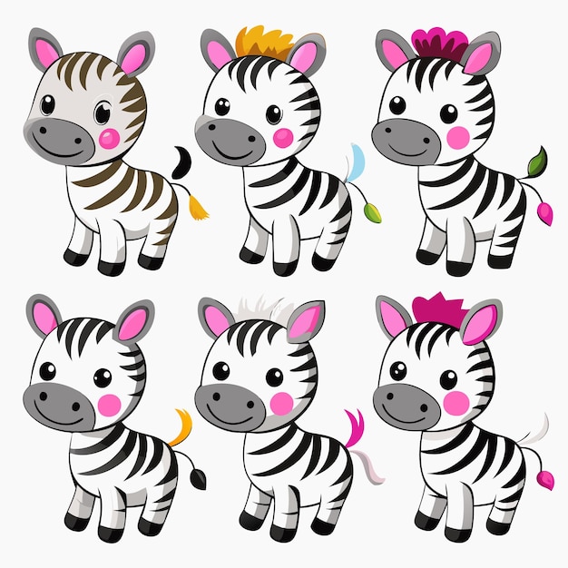 Six adorable cartoon baby zebras with different hair styles and colored tails standing on a white background