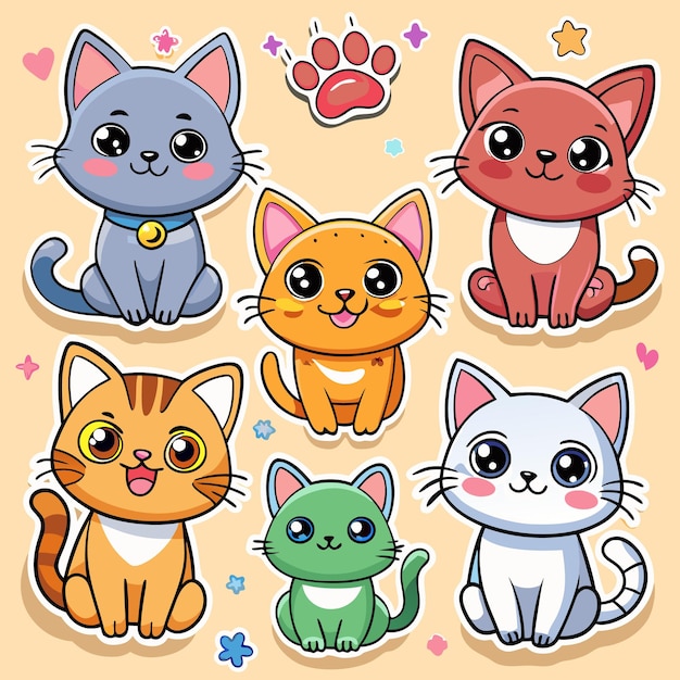 Six adorable cartoon cats with big eyes sitting on a light orange background