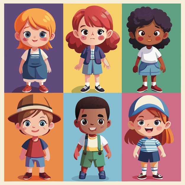 Six adorable cartoon children in different outfits standing in colorful squares