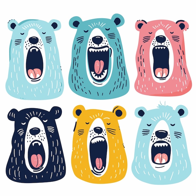 Six cartoon bears expressing different emotions colorful cute bear illustrations smiling