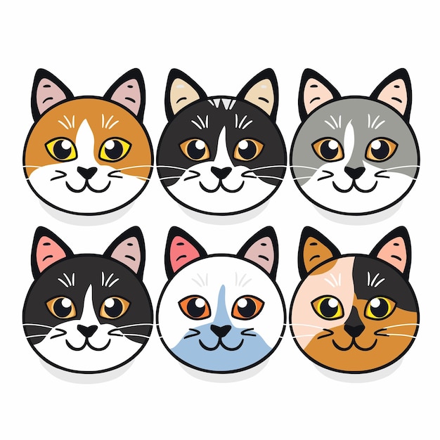 Six cartoon cat faces various expressions fur colors simple clean lines cute feline characters