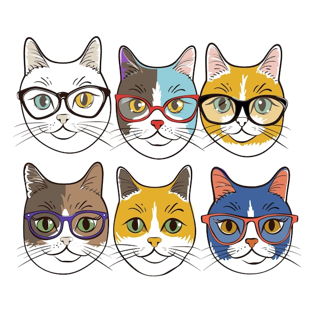 Six cartoon cats wearing colorful glasses cat has different fur patterns glasses frames