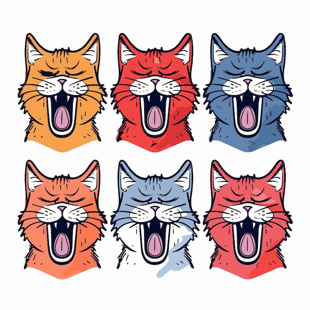 Six cartoon cats yowling different color fur Expression disbelief surprise comic style graphic