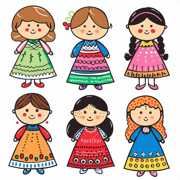 Six cartoon character girls smiling standing diverse dresses colorful Childrens book vectored