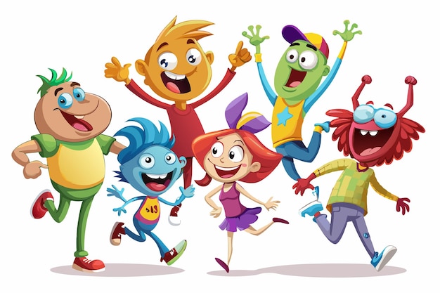 Six cartoon characters a boy a girl and four aliens are jumping with big smiles