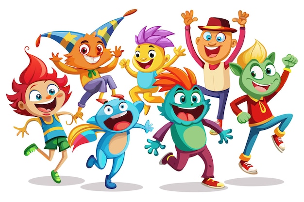 Six cartoon characters each with unique and bright colors and expressions are jumping for joy