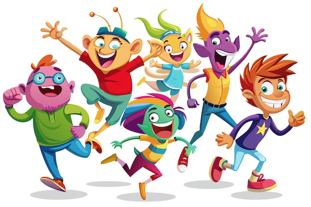 Six cartoon characters with diverse appearances and bright colors all smiling and having fun