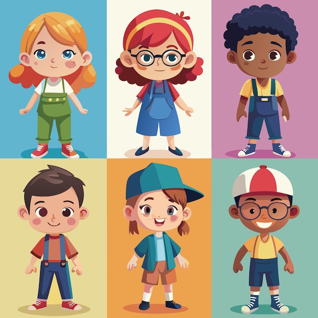 Vector six cartoon children in different clothes and hairstyles