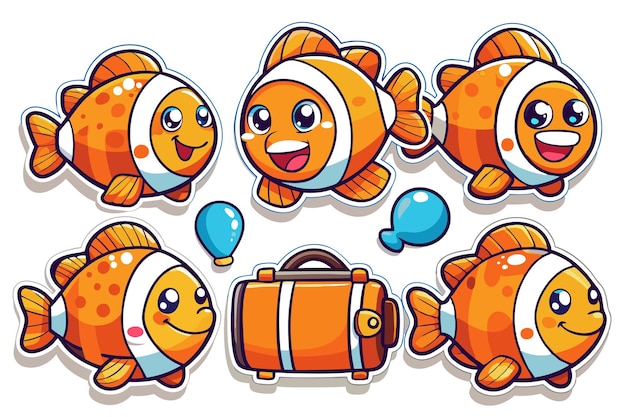 Vector six cartoon clownfish in various poses with two blue balloons and an orange suitcase