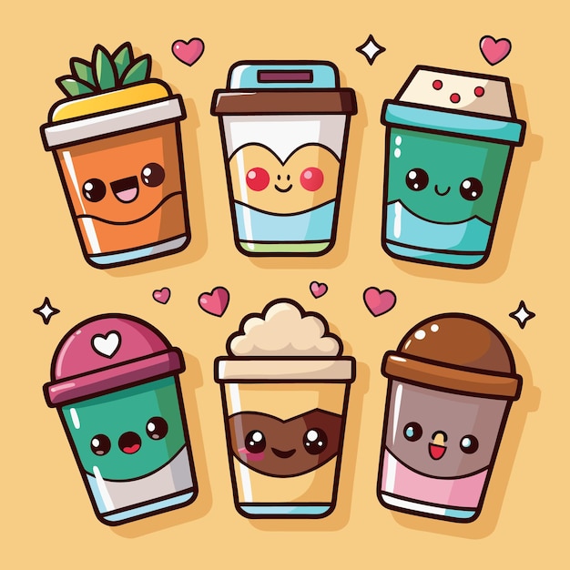 Vector six cartoon coffee cups with various designs each with a cute face on a light yellow background