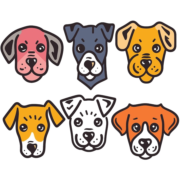 Six cartoon dog faces different color expression Cartoon dogs display varied emotions colors