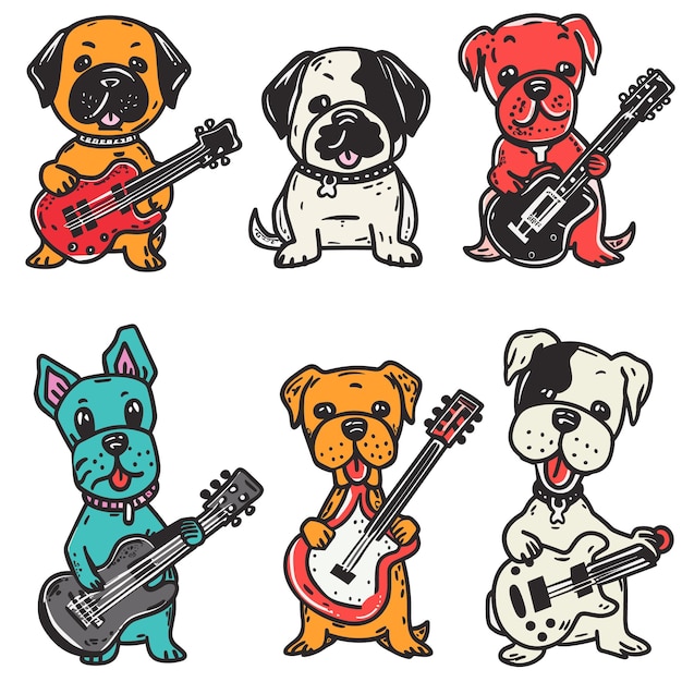 Six cartoon dogs playing guitars colorful cartoon style music theme Different breeds hold