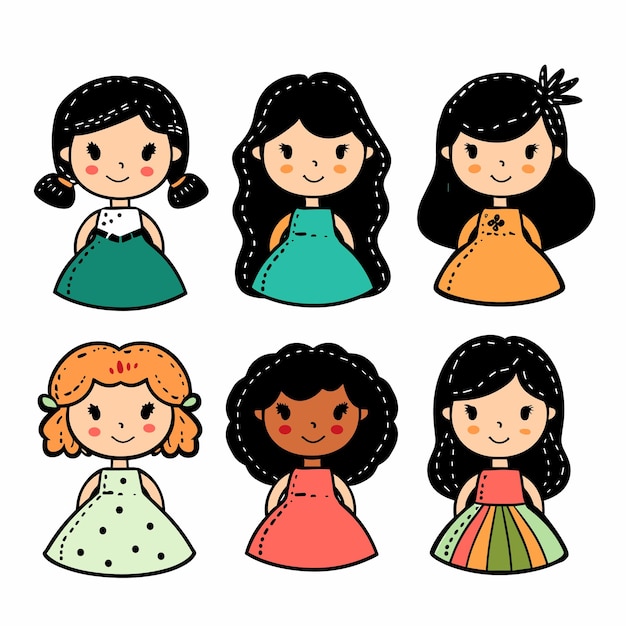 Six cartoon dolls diverse ethnicities smiling cute dresses Handdrawn style colorful dolls girls