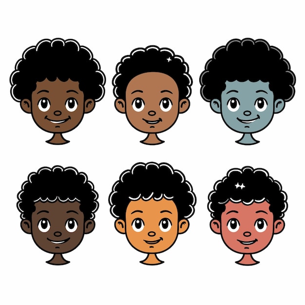 Vector six cartoon faces young african boy displaying different emotions illustration features